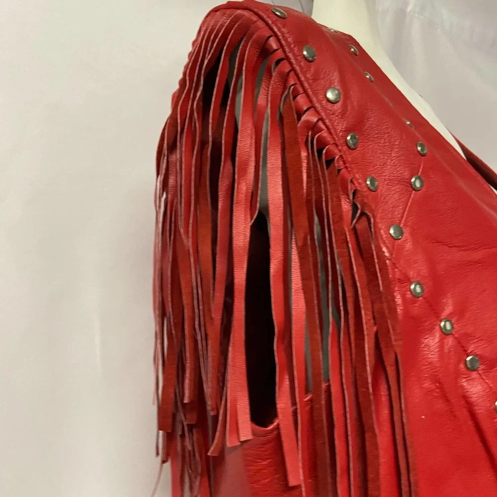 Leather Gallery Vest Leather Fringe Biker Women's Size XL Worn Once Red Studded - Picture 4 of 7